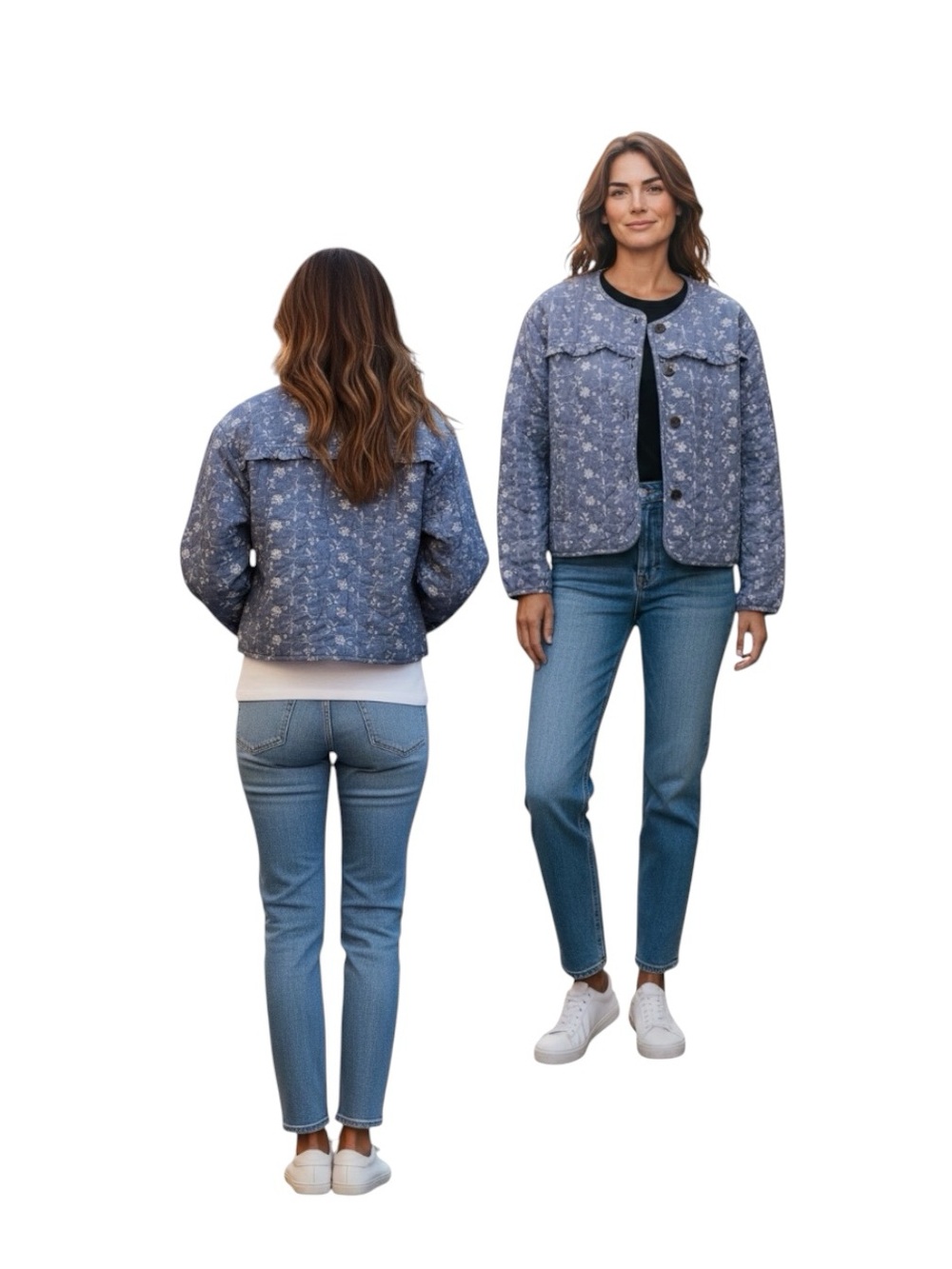 Scoop Floral Quilted Puff Sleeve Eyelet Jacket in Blue
